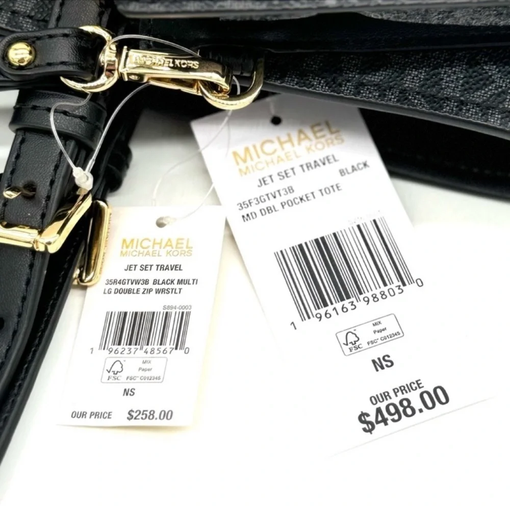 Michael Kors Jet Set Medium Pocket Tote Bag & Double Zip Wallet Black Signature